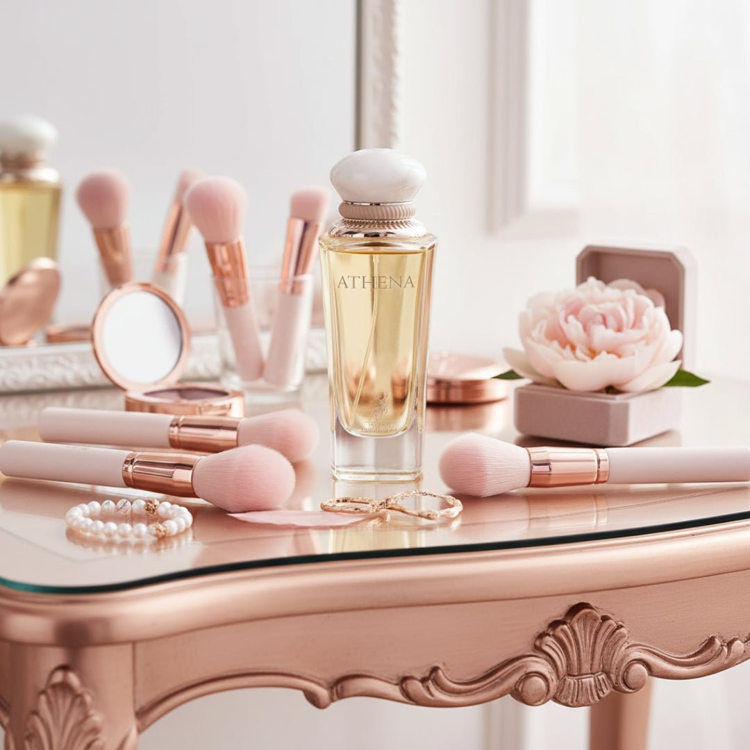 Athena on vanity table with makeup brushes, pink tones, gentle lighting vanity table warna pink