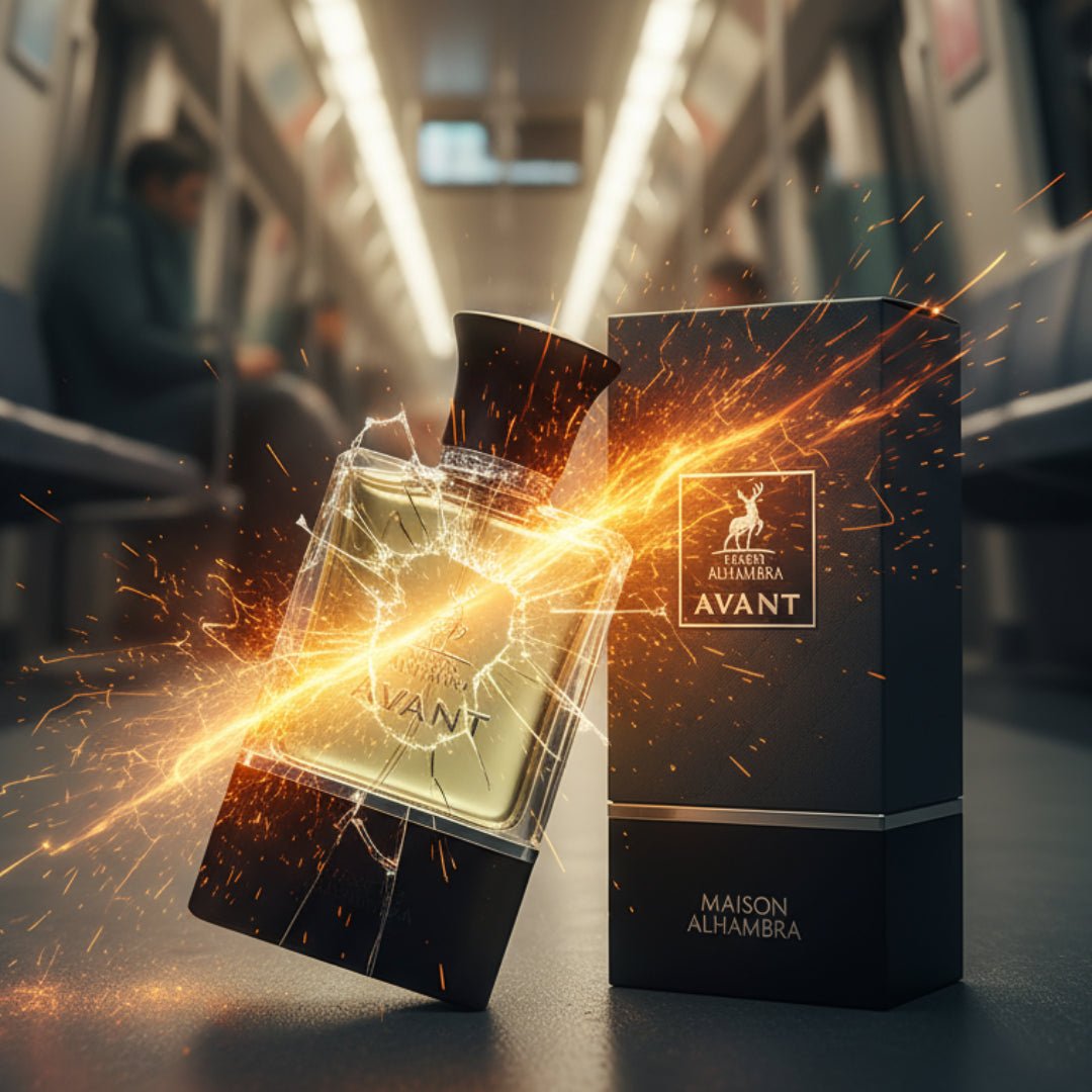 Perfume bottle broken, citrus sparks emerging; KL LRT train Malaysia &mdash; clear bottle and box, cinematic lighting