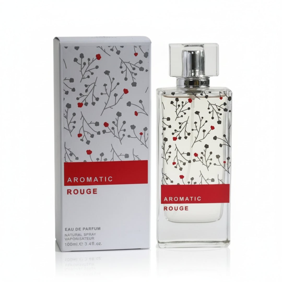 Perfume bottle and packaging with 'Aromatic Rouge' design on a white background