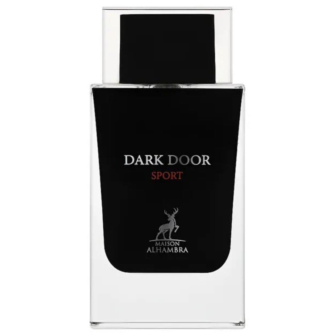 Perfume bottle labeled 'Dark Door Sport' on a white background