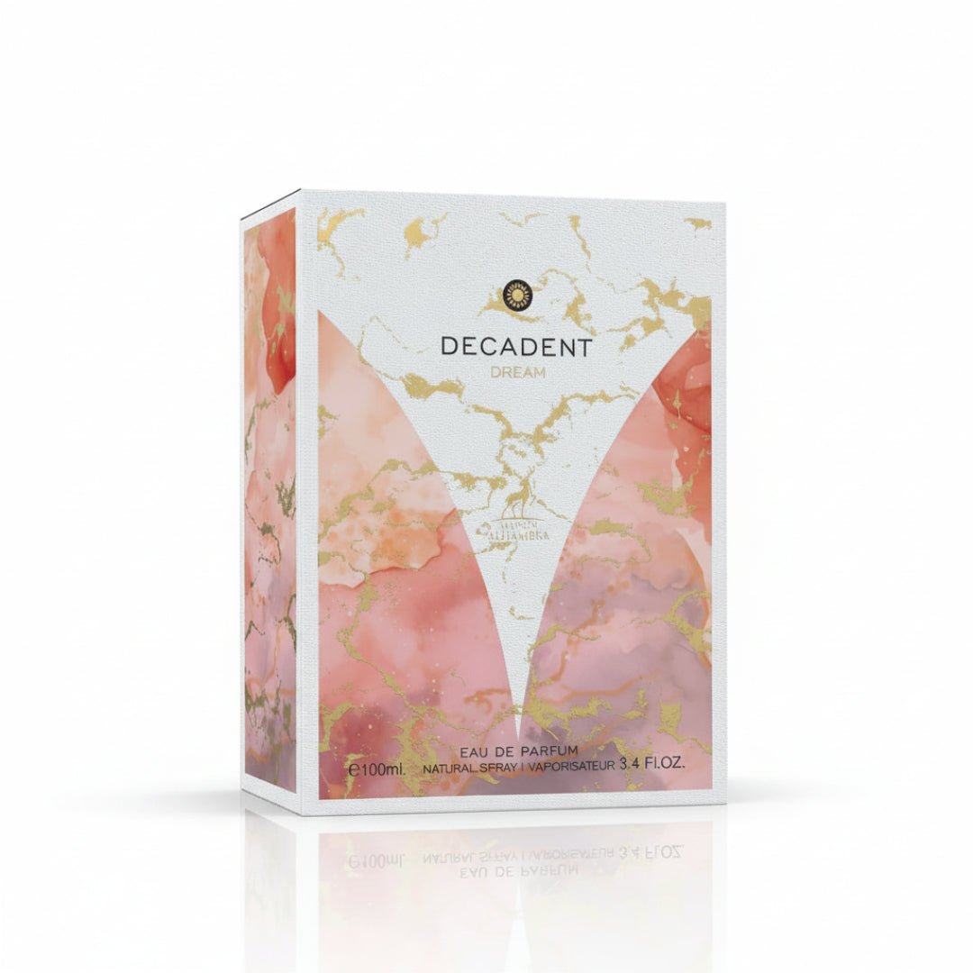 Decadent Dream perfume packaging with pink and gold design