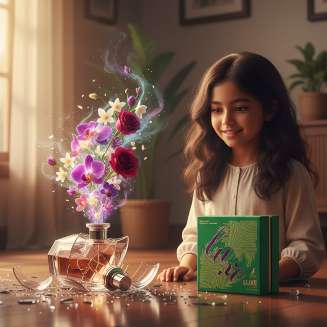 Young girl with a broken perfume bottle and a box labeled 'Luxe' in a room with plants.