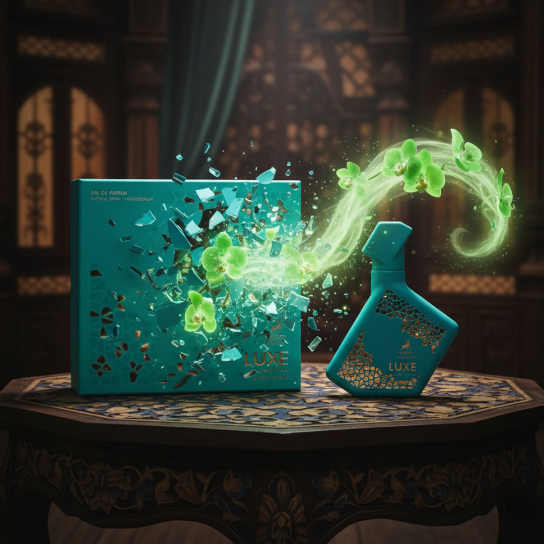 Turquoise perfume bottle and packaging with green floral elements on a decorative table.