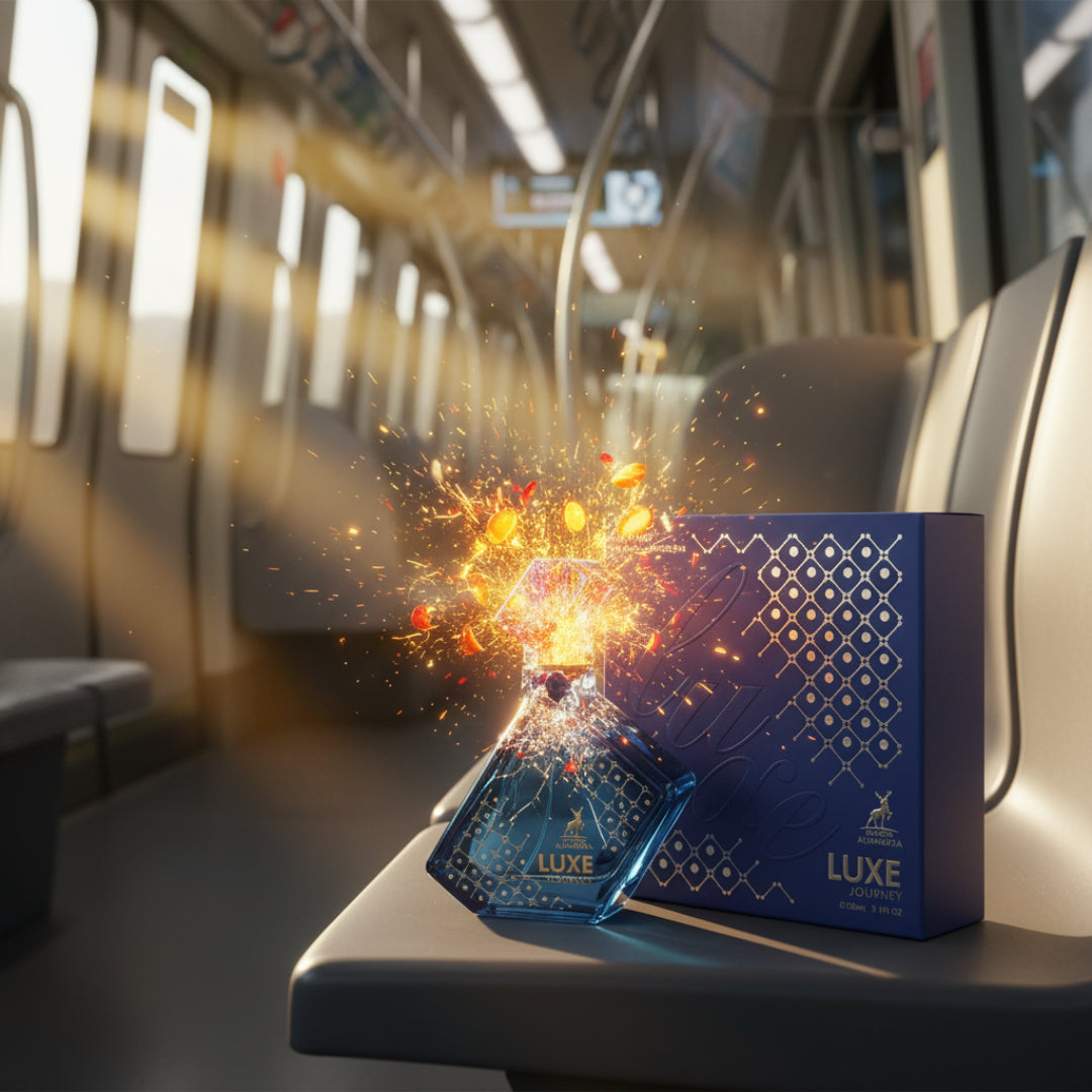 Perfume bottle broken, citrus sparks emerging; KL LRT train Malaysia &mdash; clear bottle and box, cinematic lighting.