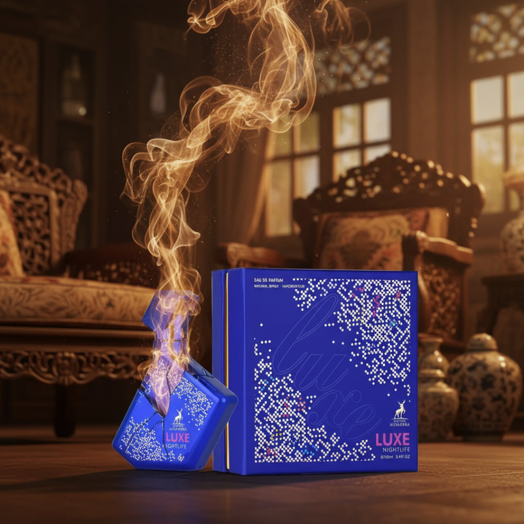 Perfume bottle broken, woody musk trail emerging; Malaysian home interior Malaysia &mdash; clear bottle and box, cinematic lighting.