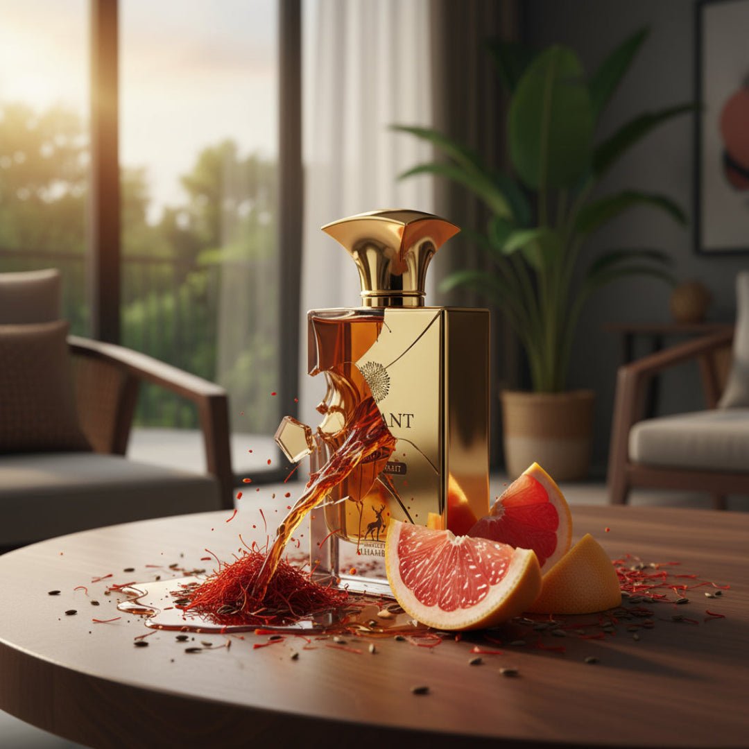 Brulant Oud Maison Alhambra men fragrance with gold cap on a table with fruit, in a room with a view of nature.