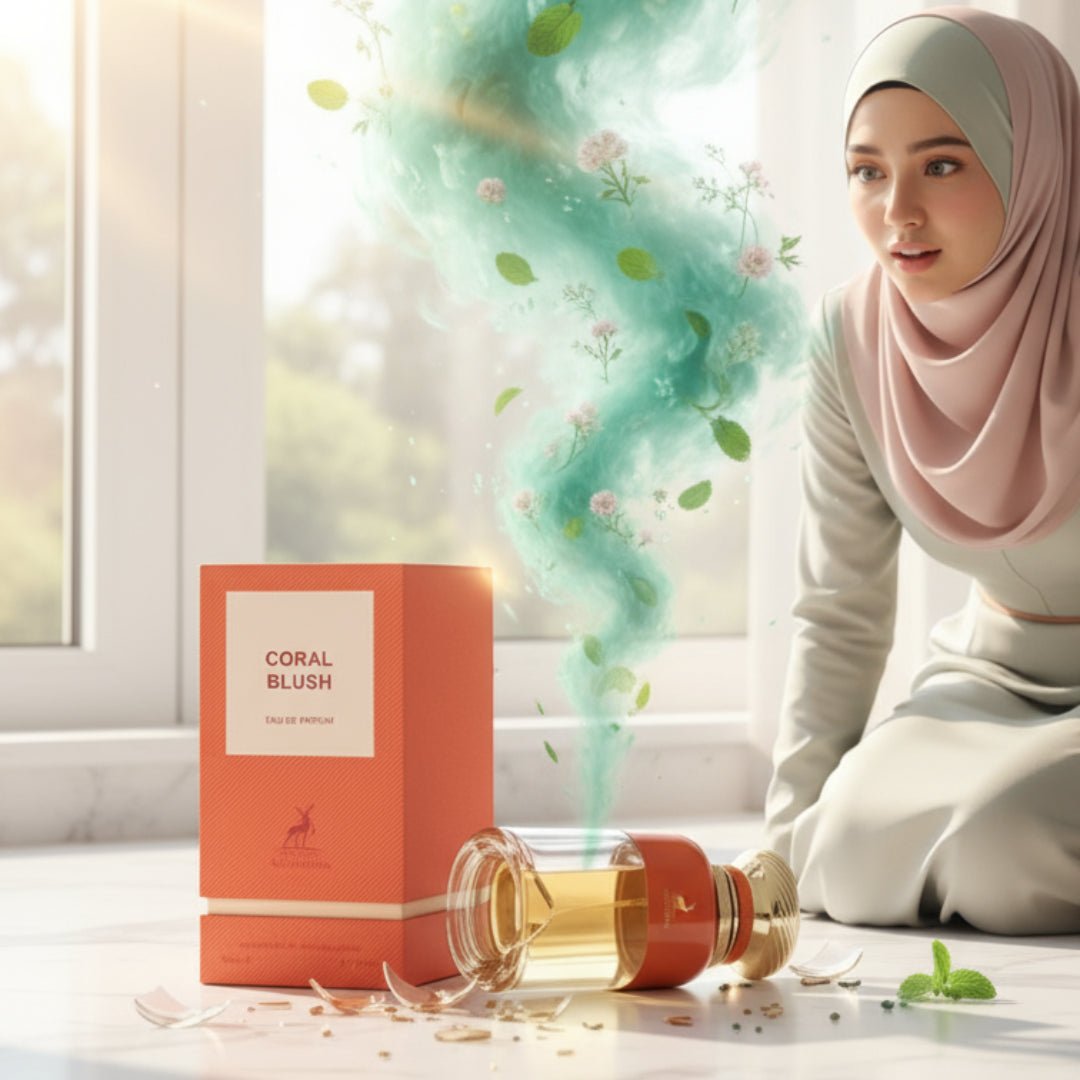 Coral Blush perfume bottle and packaging on a wooden surface with a blurred background.