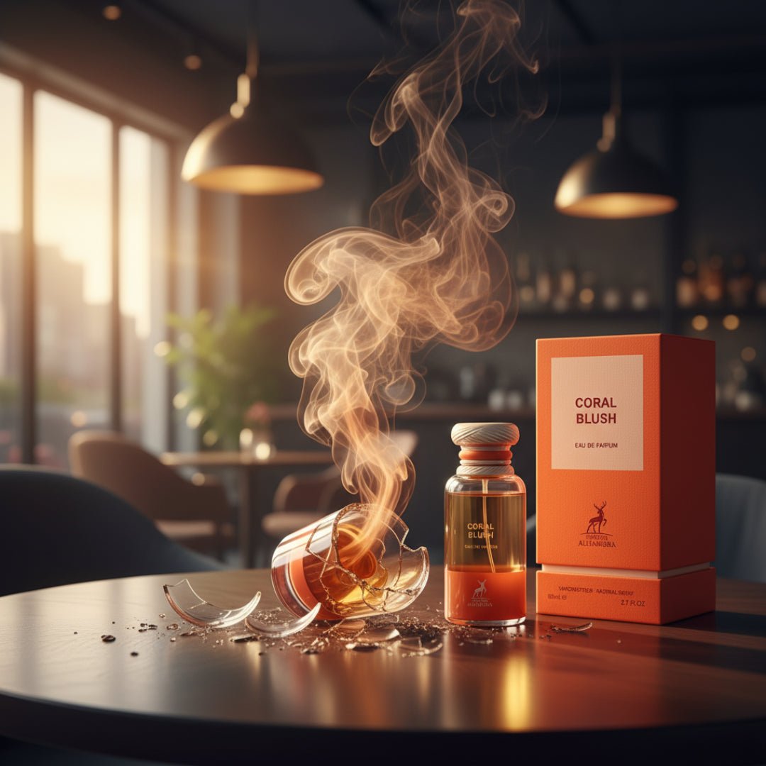 Coral Blush perfume bottle and packaging with smoke on a table in a bar setting