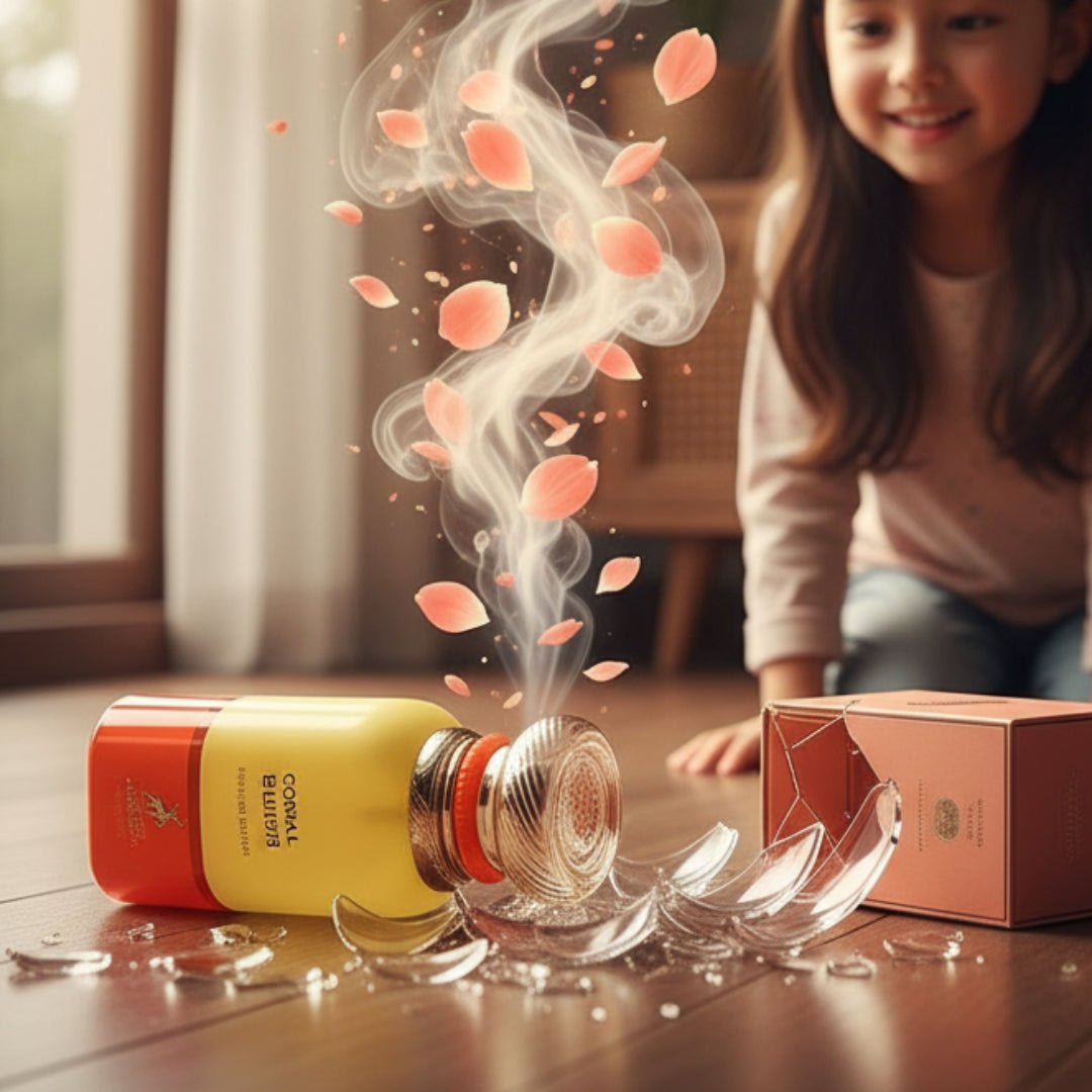 Perfume bottle labeled 'Coral Blush' by Maison Alhambra with flowers and fruits in the background