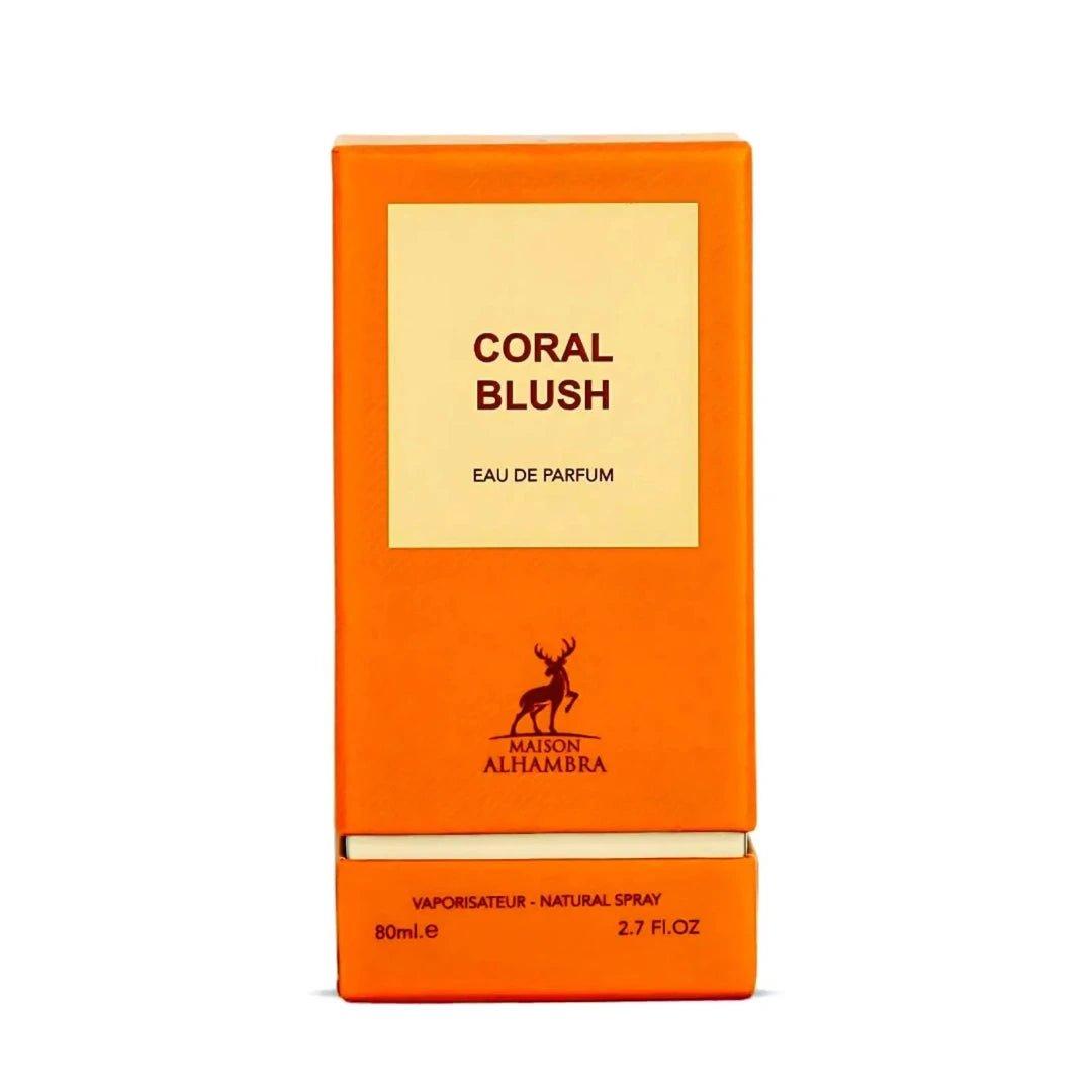 Orange packaging of Coral Blush Eau de Parfum by Maison Alhambra on a white background
