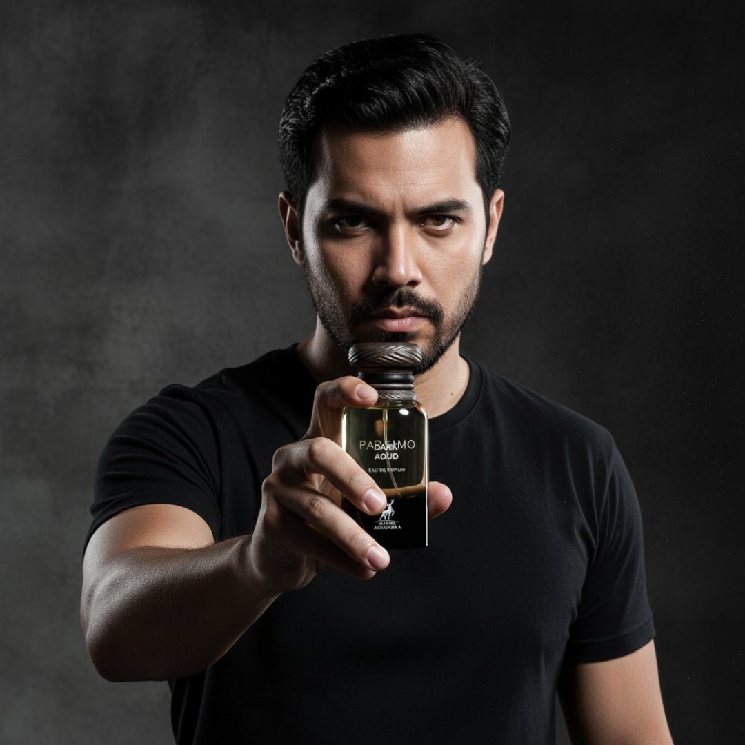 Lelaki Malaysia berbaju hitam memegang Dark Aoud, mood intense