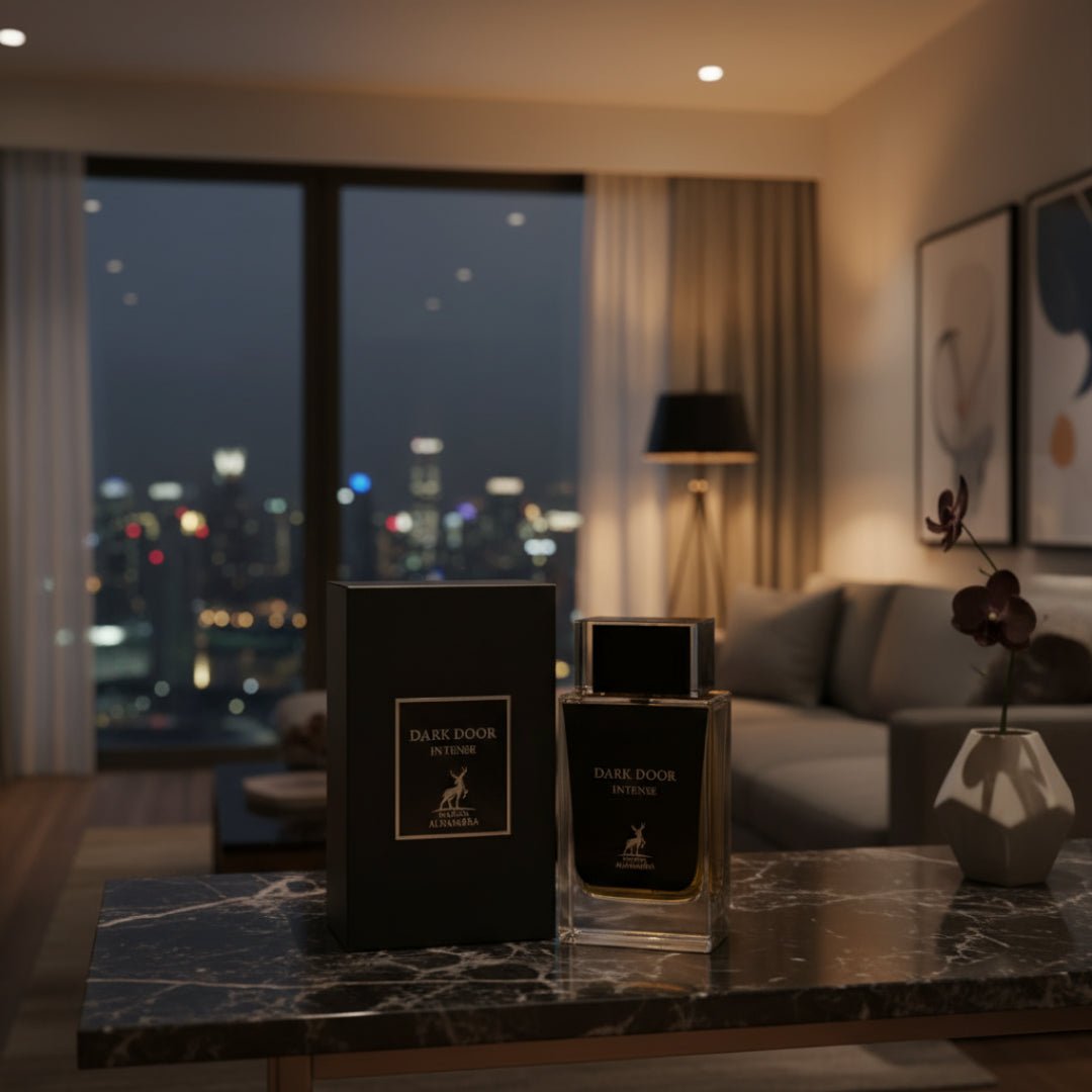 Dark Door Intense dalam apartment moden Malaysia, lighting lembut maskulin