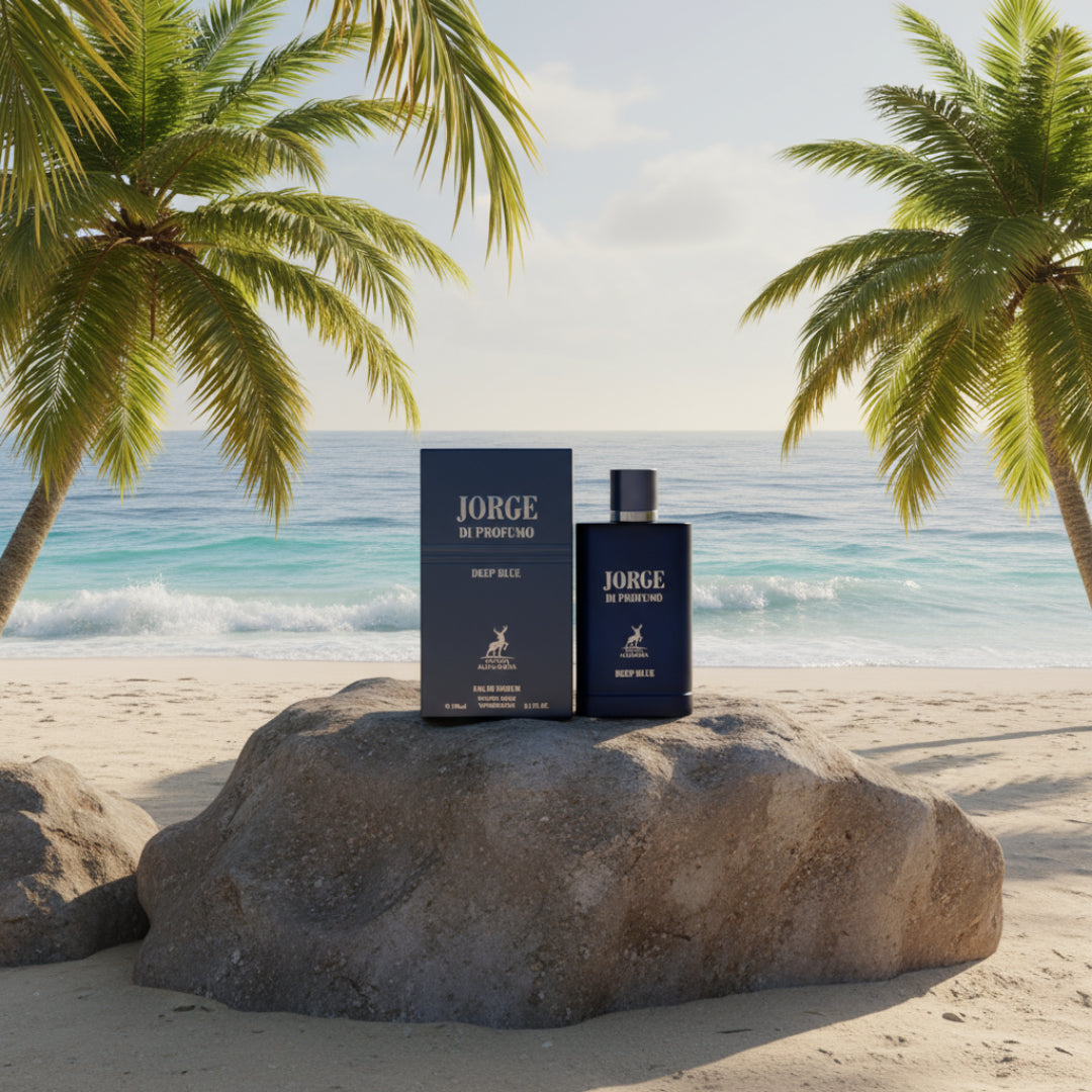 Deep Blue 100 ml by Jorge Di Profumo &ndash; on rock at Pantai Cenang Langkawi, soft sea breeze, warm sunlight, tropical Malaysia marine mood.