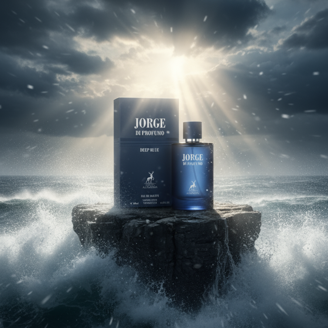 Jorge Deep Blue perfume lelaki atas batu tepi laut Malaysia