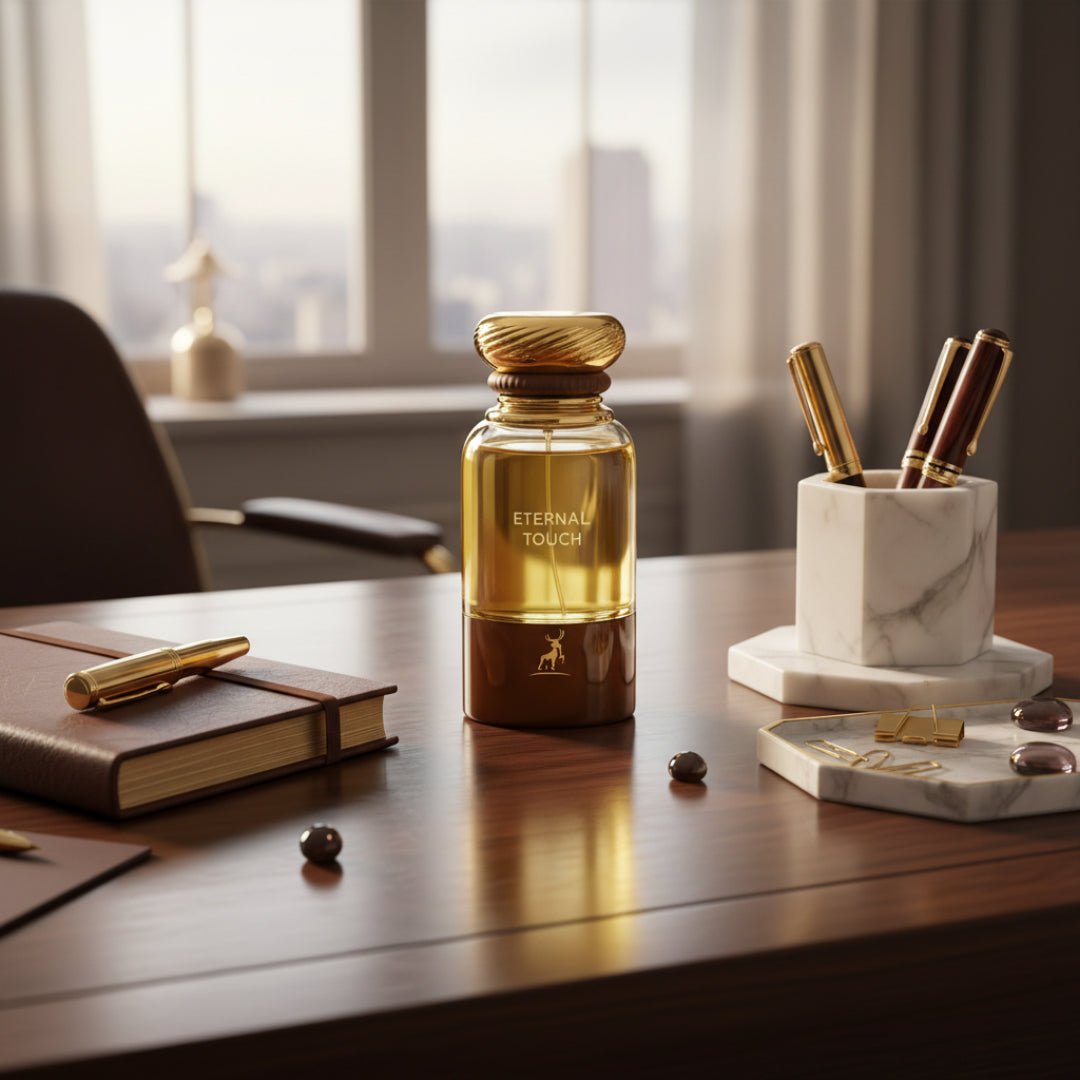 Eternal Touch di meja kerja bersama alat tulis premium