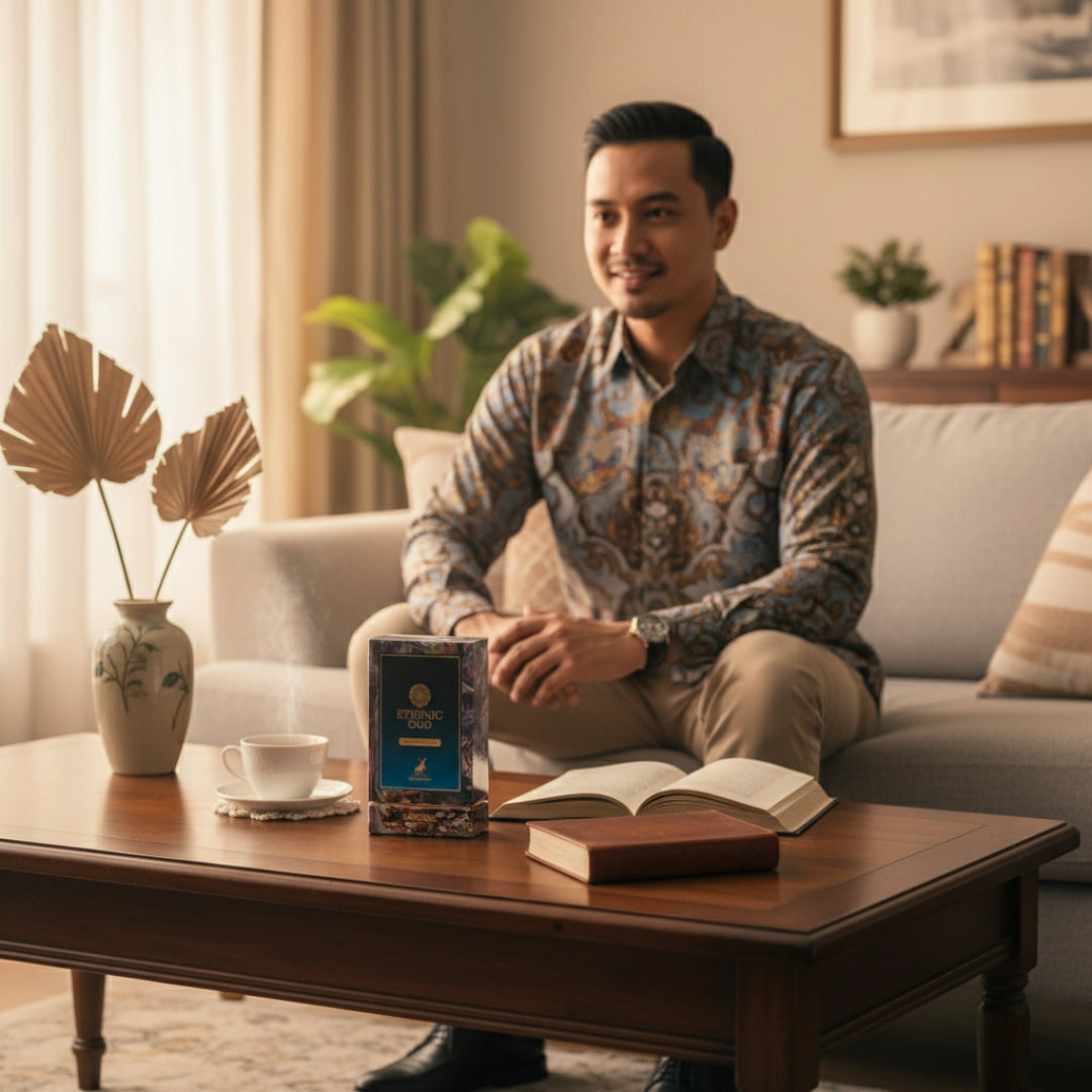 lelaki melayu dengan ethnic oud di meja kopi