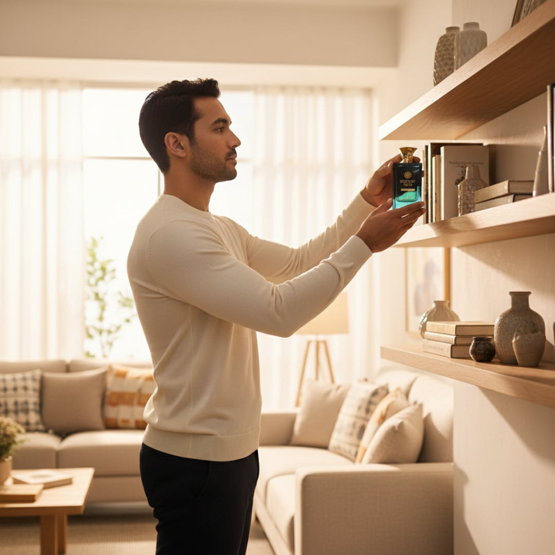 lelaki melayu meletakkan ethnic oud di rak kayu ruang tamu