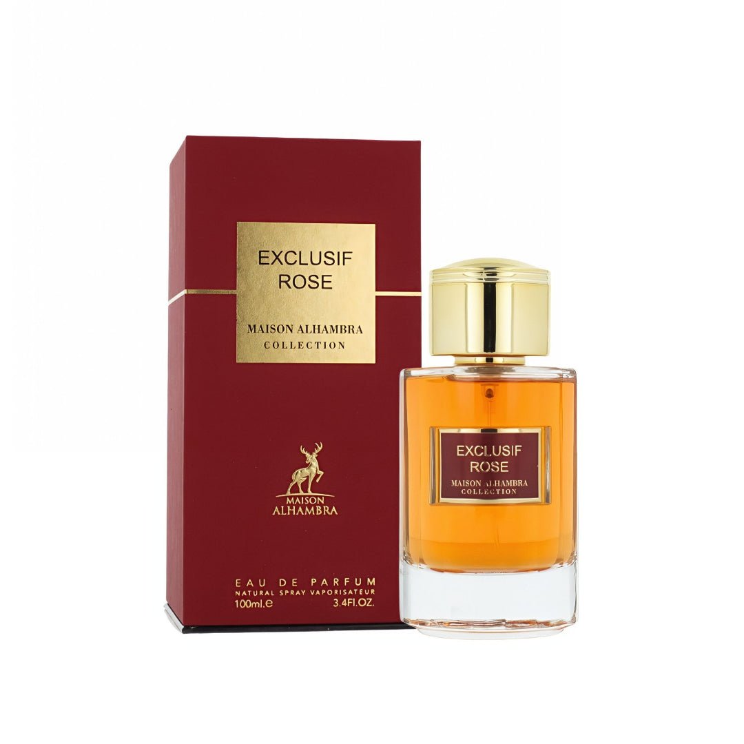 Maison Alhambra Exclusif Rose perfume bottle and packaging on a white background