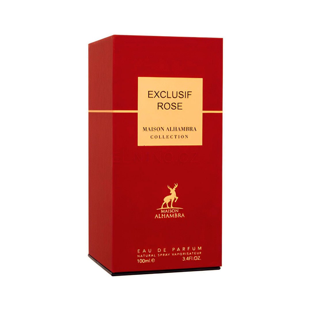 Red box of Exclusif Rose perfume by Maison Alhambra on a white background