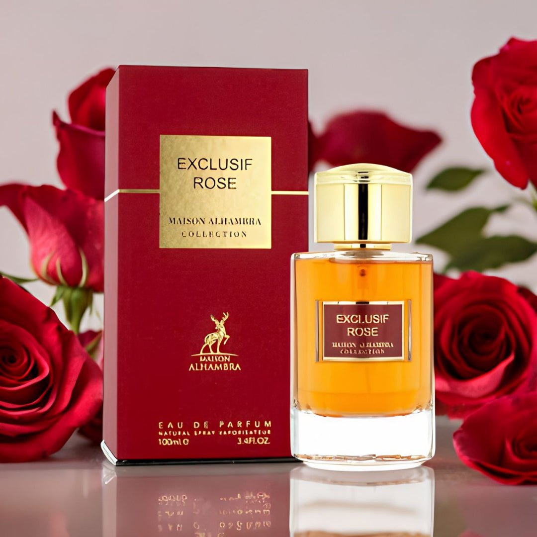 Exclusif Rose perfume bottle and packaging with red roses in the background