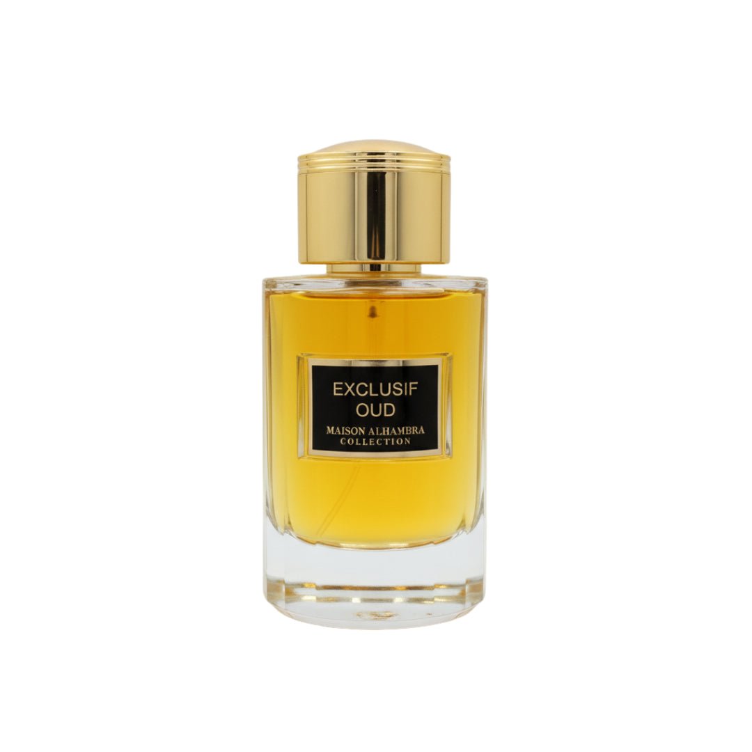 Perfume bottle labeled 'Exclusif Oud' from Maison Alhambra Collection on a white background