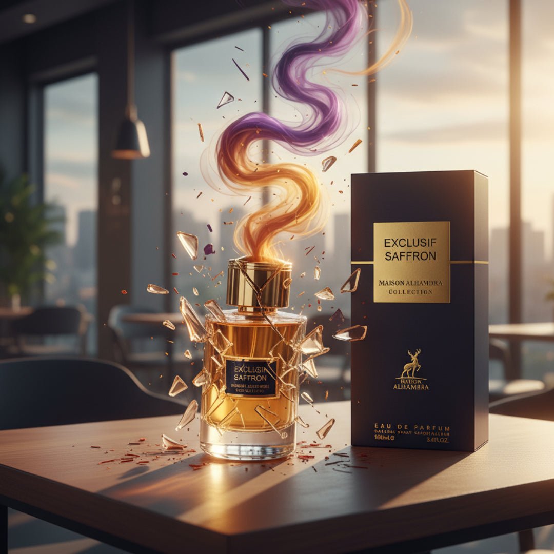 Perfume bottle and packaging of Exclusif Saffron on a table with a cityscape background