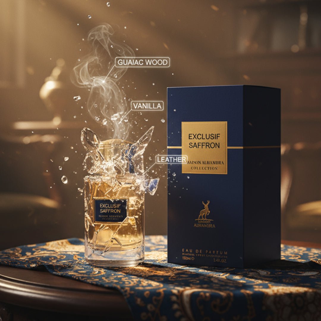 Exclusif Saffron perfume bottle and packaging on a decorative table with smoke effects.
