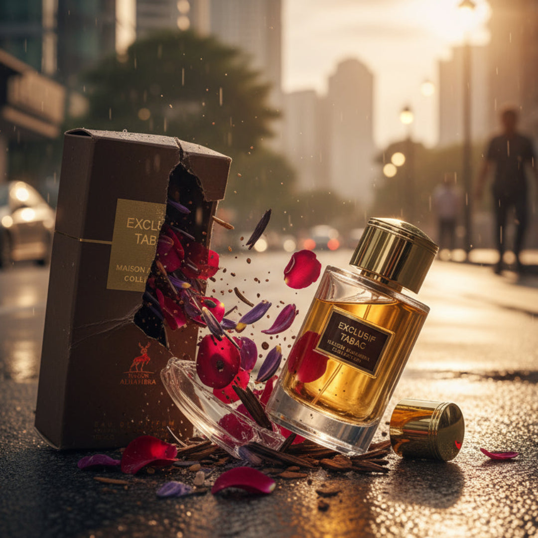 Perfume bottle broken, rose‑oud petals emerging; Kuala Lumpur street Malaysia &mdash; clear bottle and box, cinematic lighting.