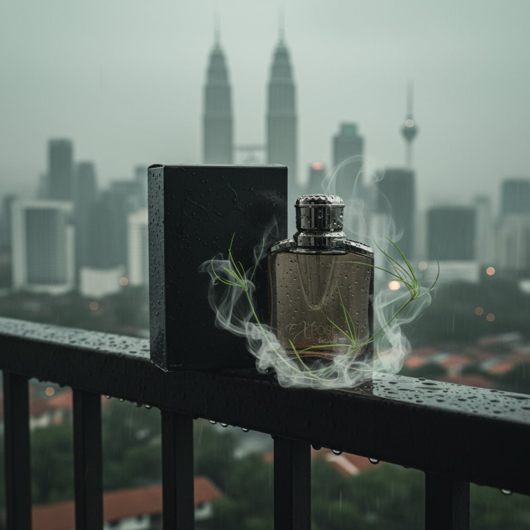 Expose Intense on a rain-damped balcony with vetiver mist and raindrops on glass; KL blur; bottle and box visible.