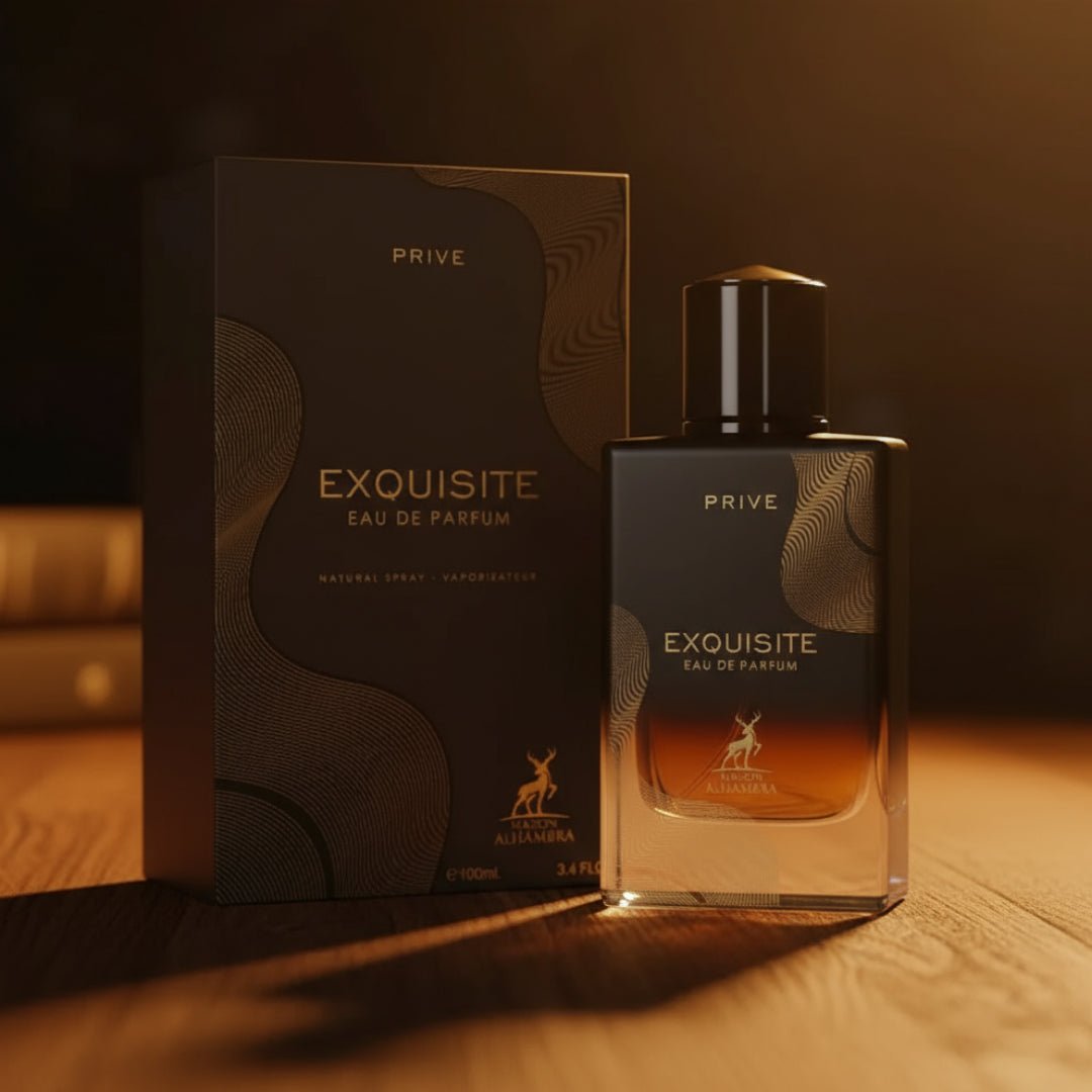 Exquisite Prive Alhambra minyak wangi lelaki atas kayu gelap, amber lighting, gaya maskulin mewah Malaysia