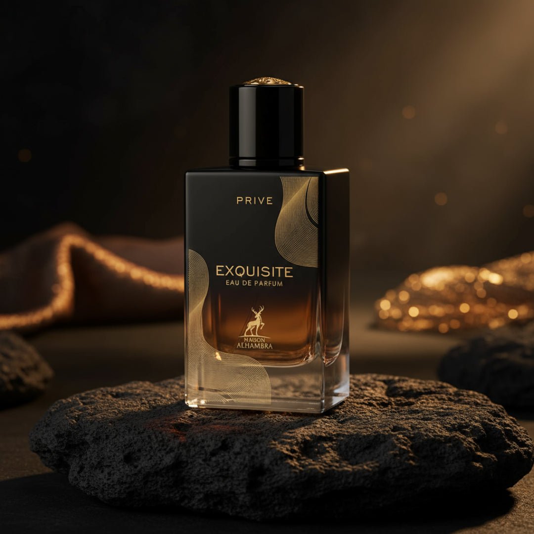 Exquisite Prive Maison Alhambra perfume lelaki atas batu volcanic dengan cahaya warm, gaya mewah Malaysia
