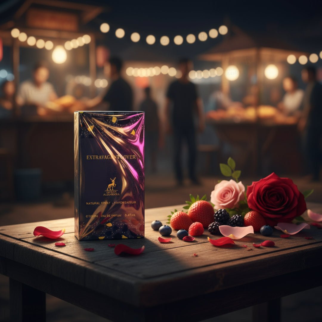 Extravagant Lover at Malaysian night market table with pink‑gold neon reflections, berries and rose petals; clear product.