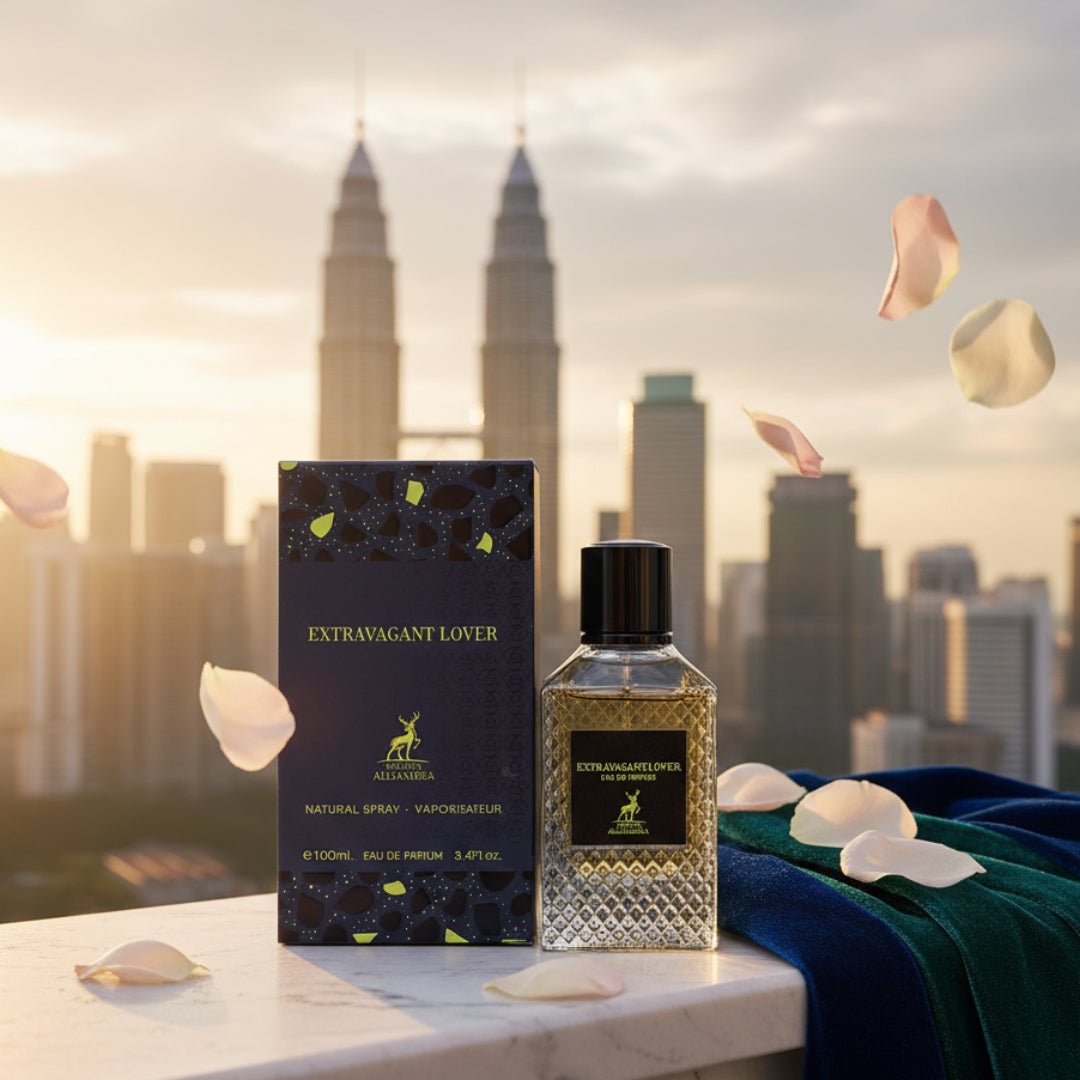 Extravagant Lover on marble balcony with KL skyline bokeh, velvet drape and floating rose petals; bottle and box clearly visible.
