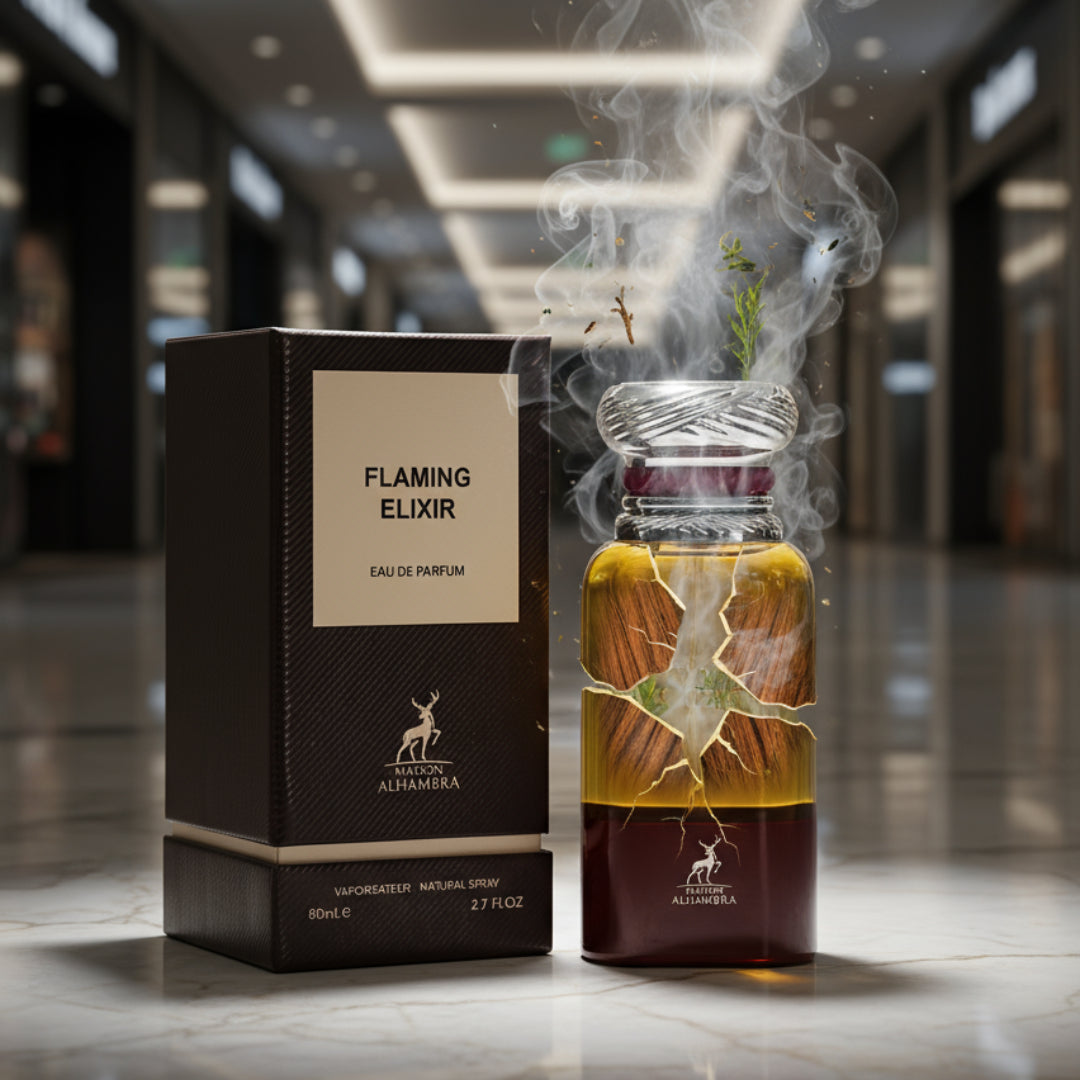 Maison Alhambra Flaming Elixir perfume bottle and packaging on a white background