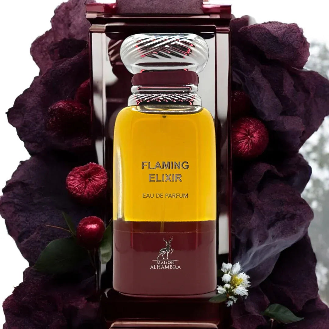 Yellow and red perfume bottle labeled 'Flaming Elixir' with floral background