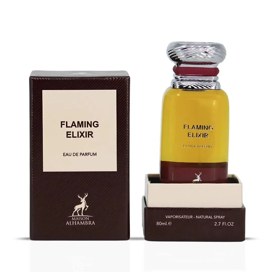 Maison Alhambra Flaming Elixir perfume bottle and packaging on a white background