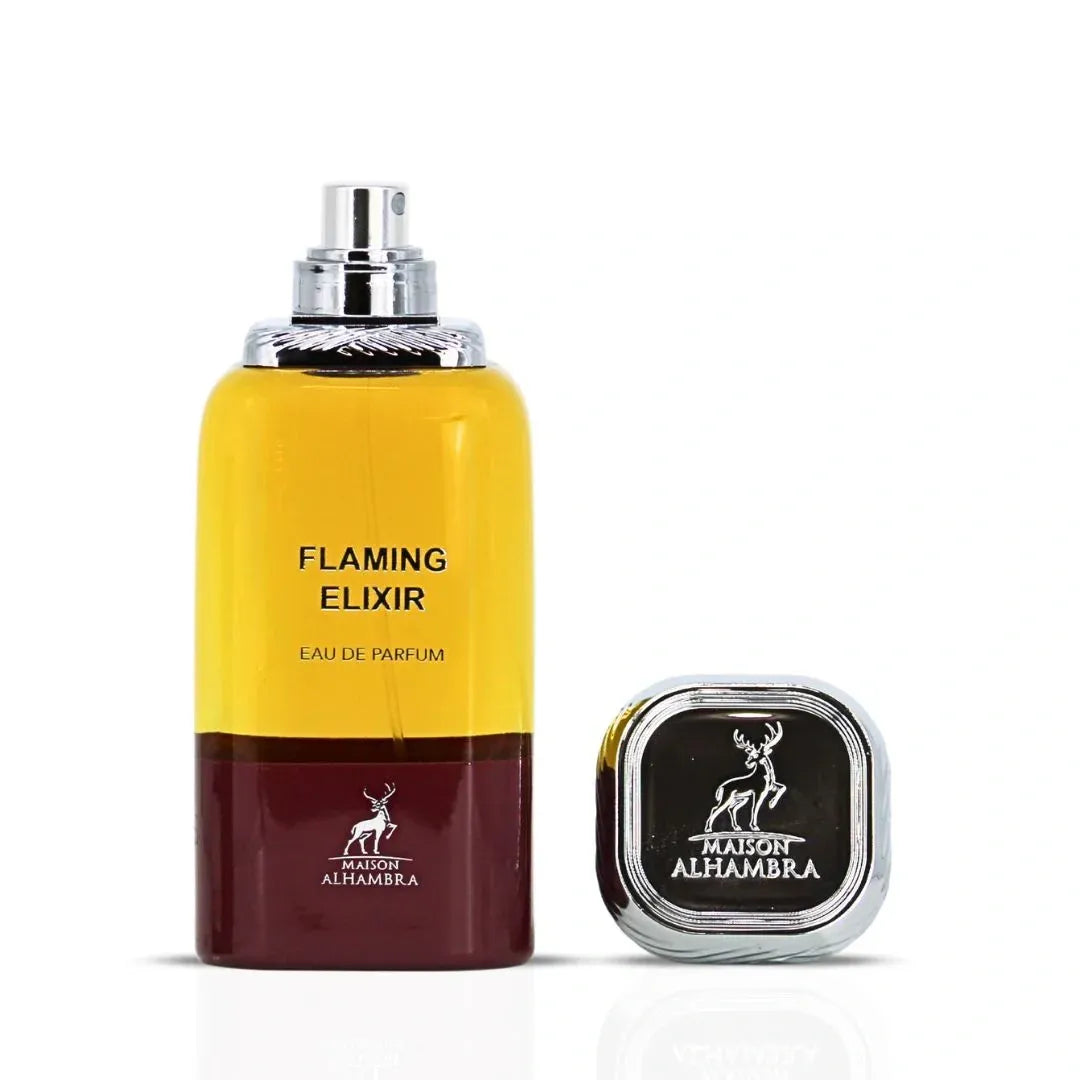 Yellow and red perfume bottle with 'Flaming Elixir' text and Maison Alhambra logo on a white background