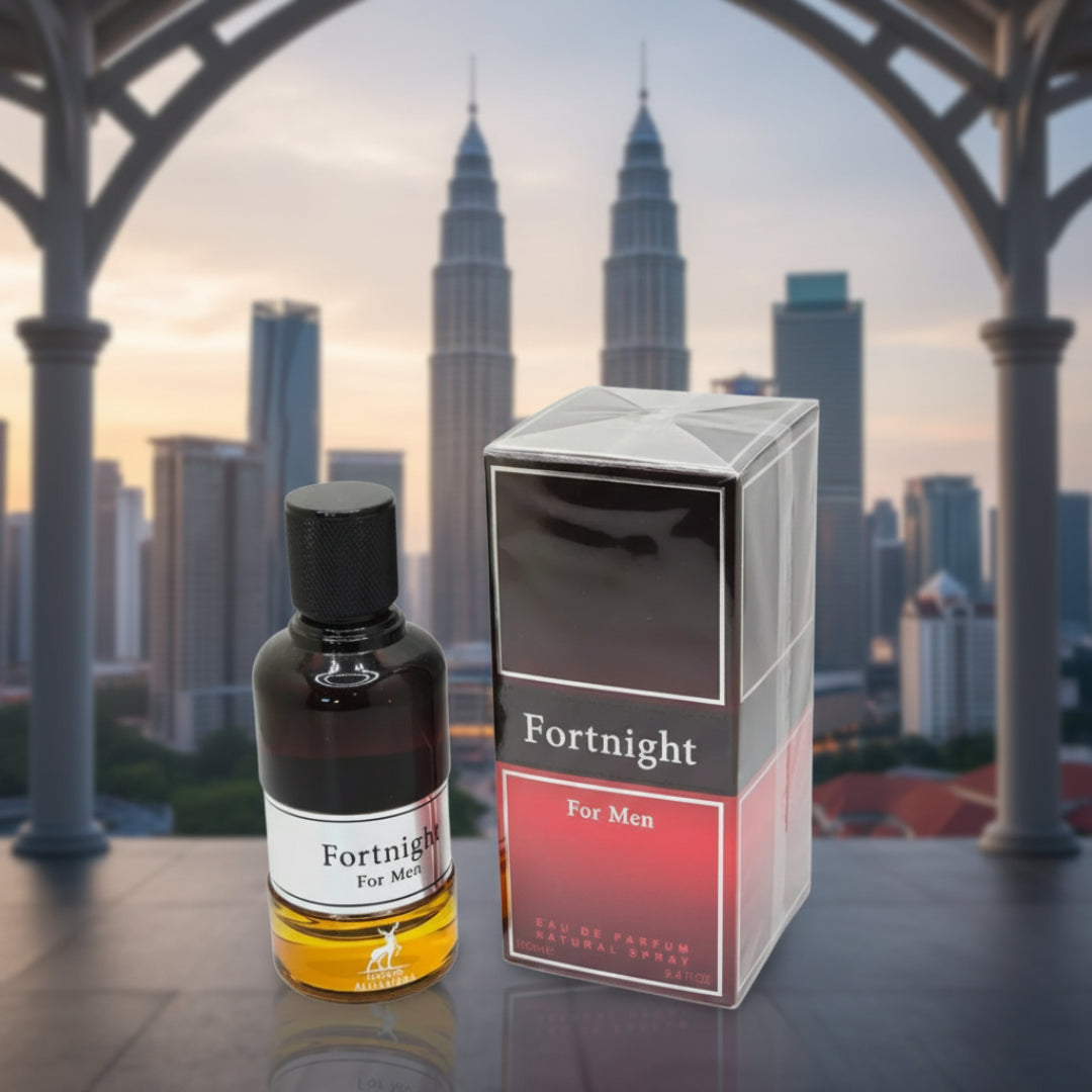 Fortnight perfume bottle and packaging with a city skyline in the background