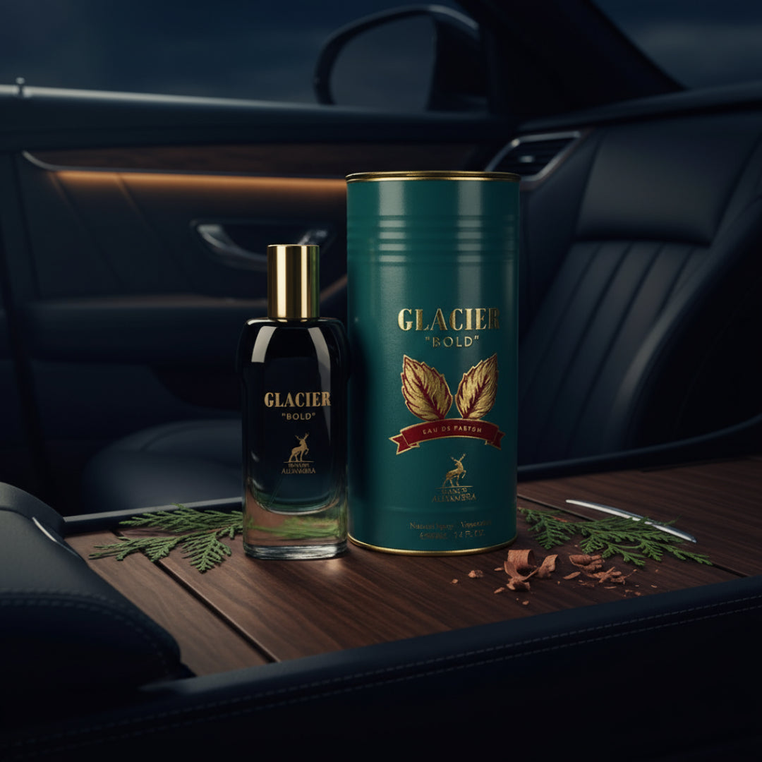 Glacier Bold Maison Alhambra men perfume bottle and packaging on a white background