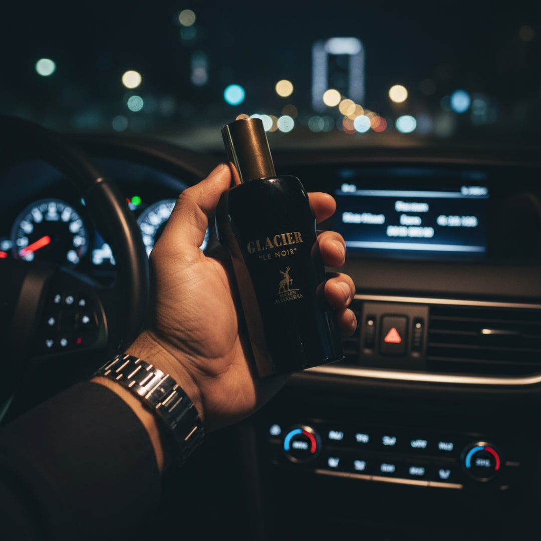 Lelaki Melayu pegang botol Glacier Le Noir di dashboard kereta malam