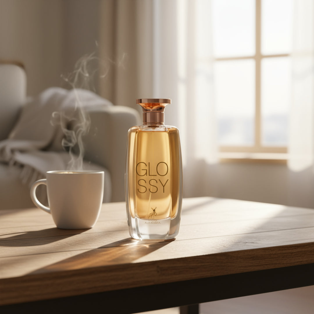 Glossy atas meja kopi pagi, vibe sweet calm