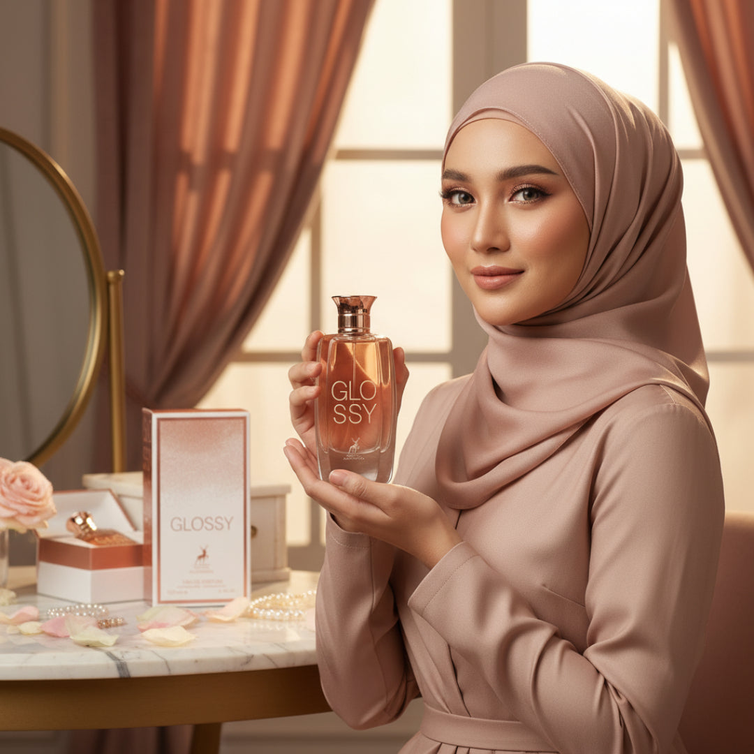 Wanita berhijab Malaysia memegang Glossy, gaya feminin glamor
