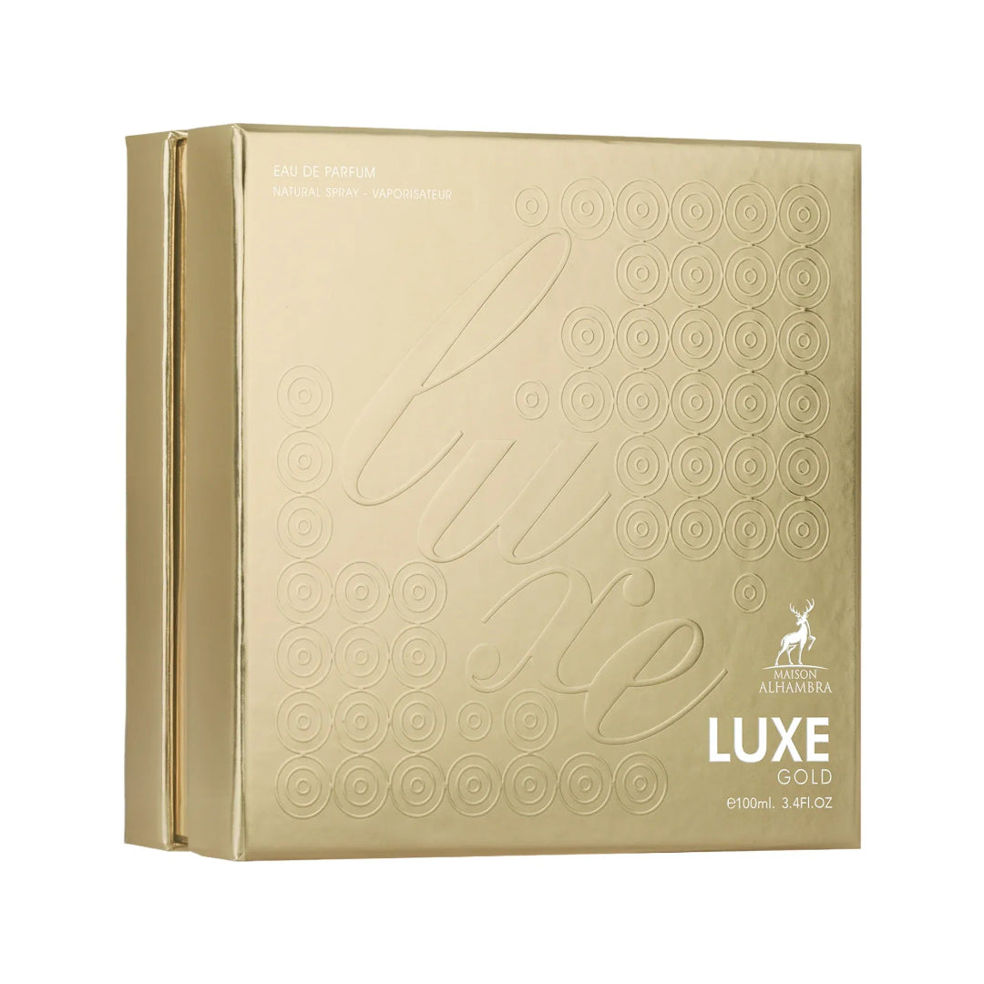 Gold packaging box with embossed design and 'LUXE GOLD' text on a white background