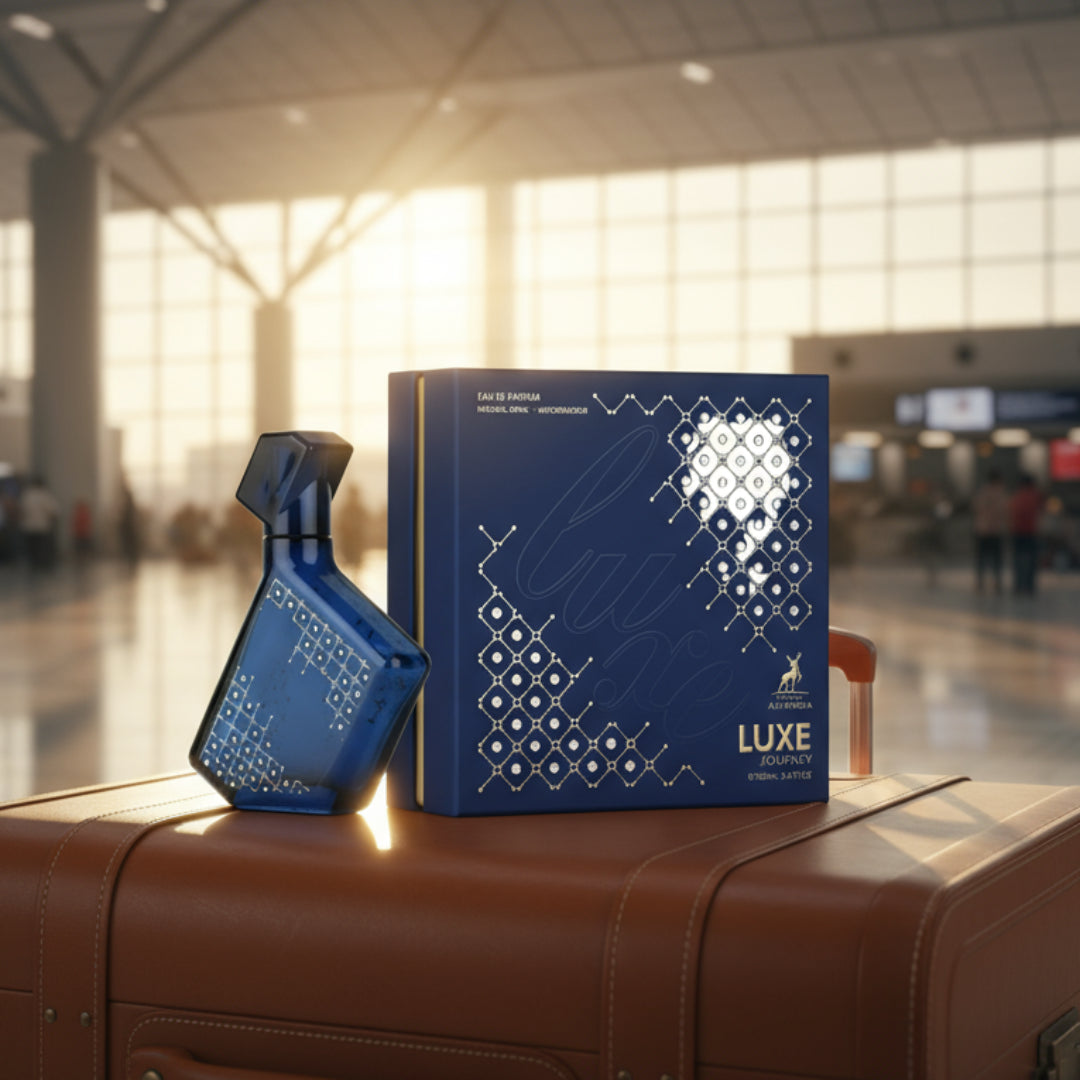 Blue perfume bottle and packaging on a suitcase in an airport terminal