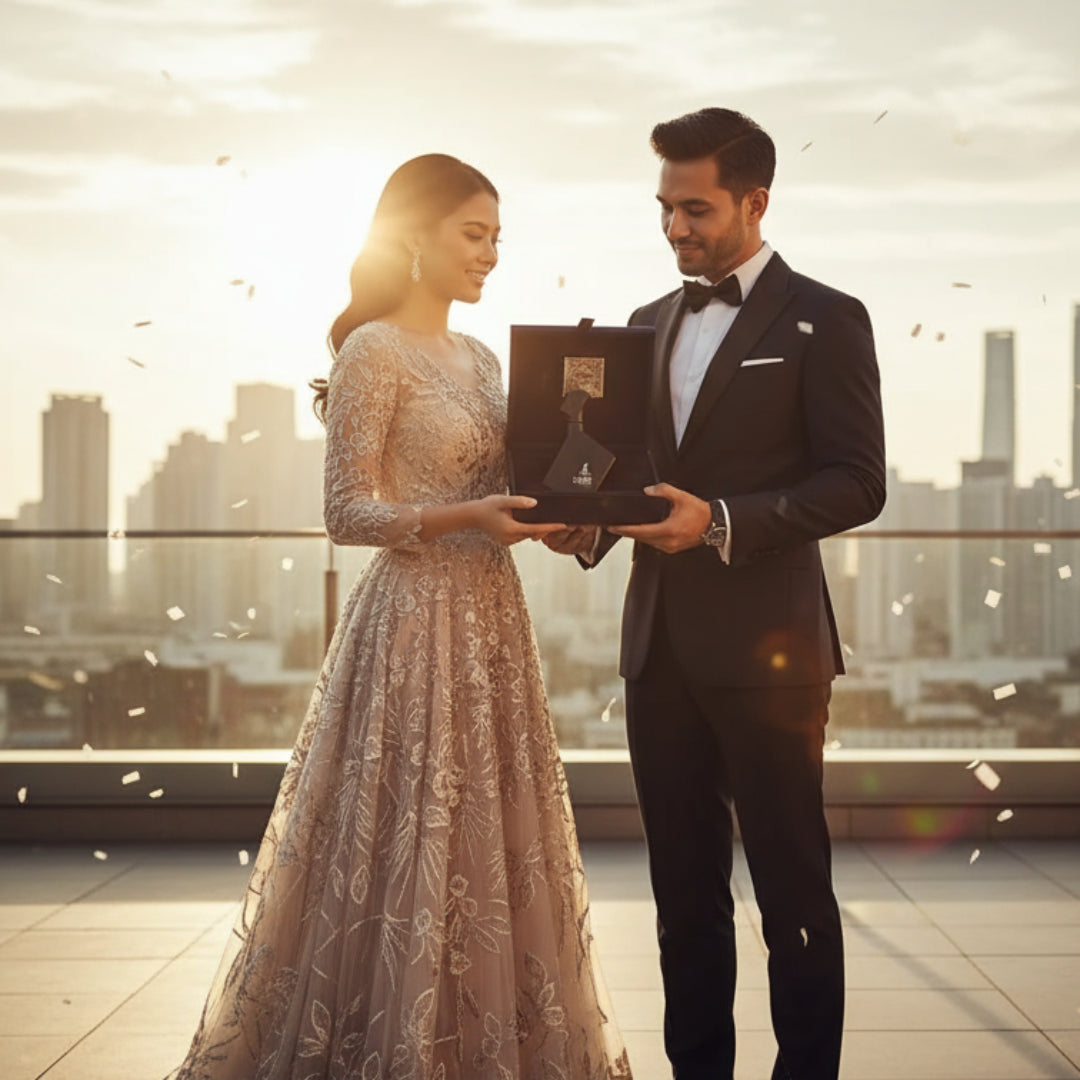 Man in a suit holding a box to a woman in a formal gown on a rooftop with cityscape background