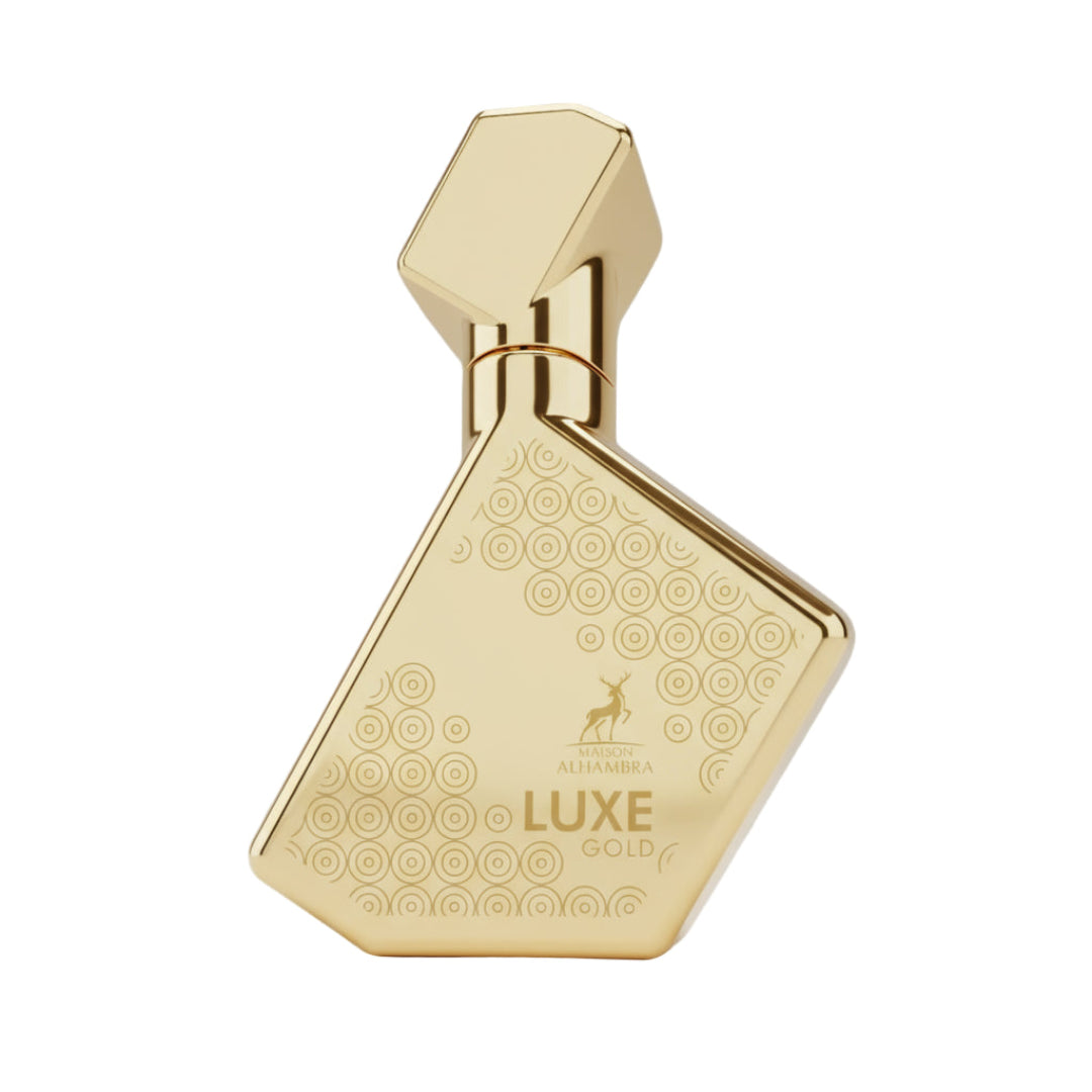 Gold perfume bottle with 'LUXE' and 'Gold' text on a white background