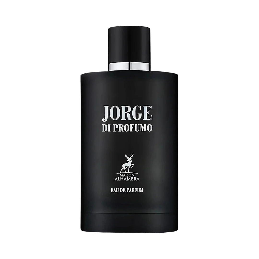 Black perfume bottle labeled 'Jorge di Profumo' on a white background