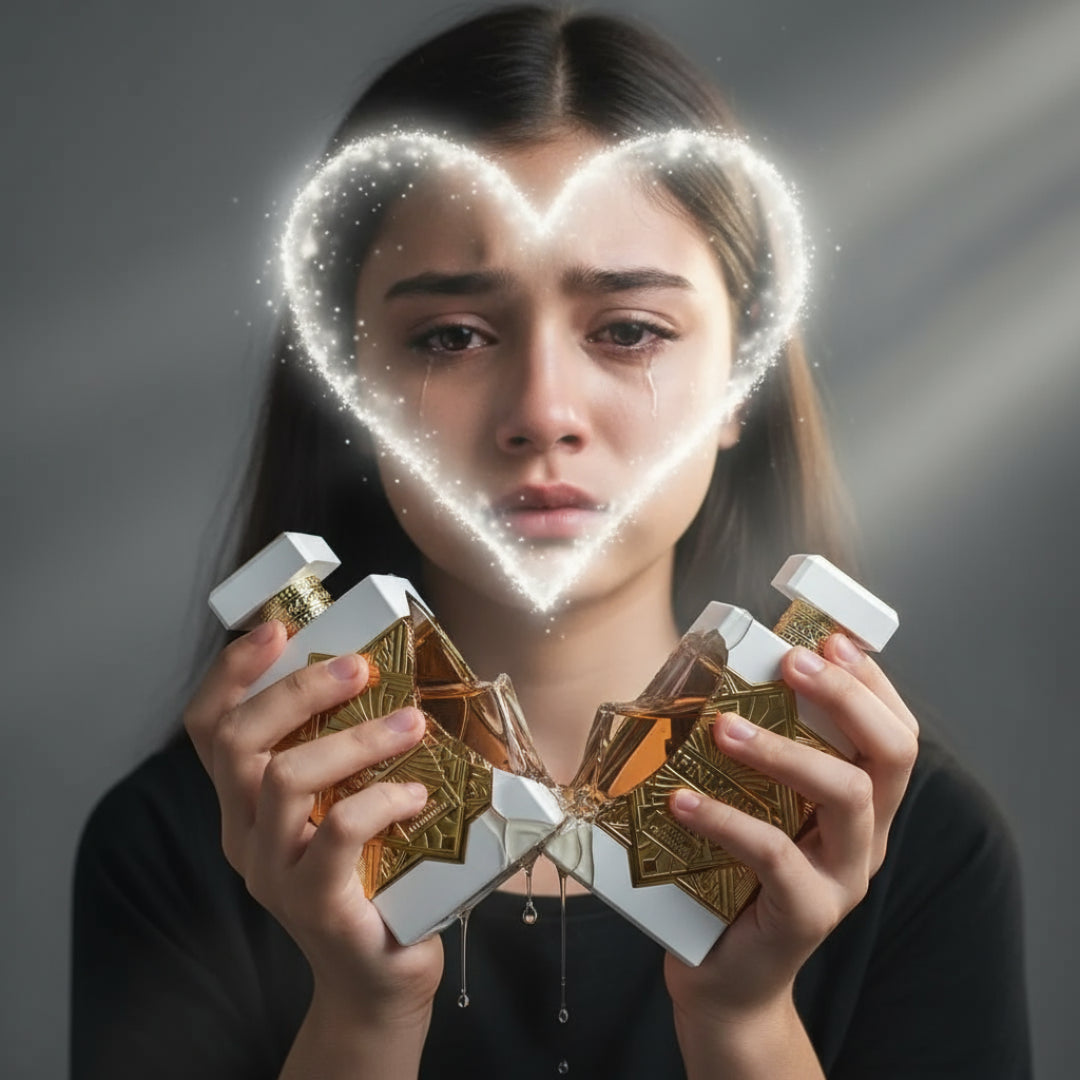 Perfume bottle with gold and white design on a light background