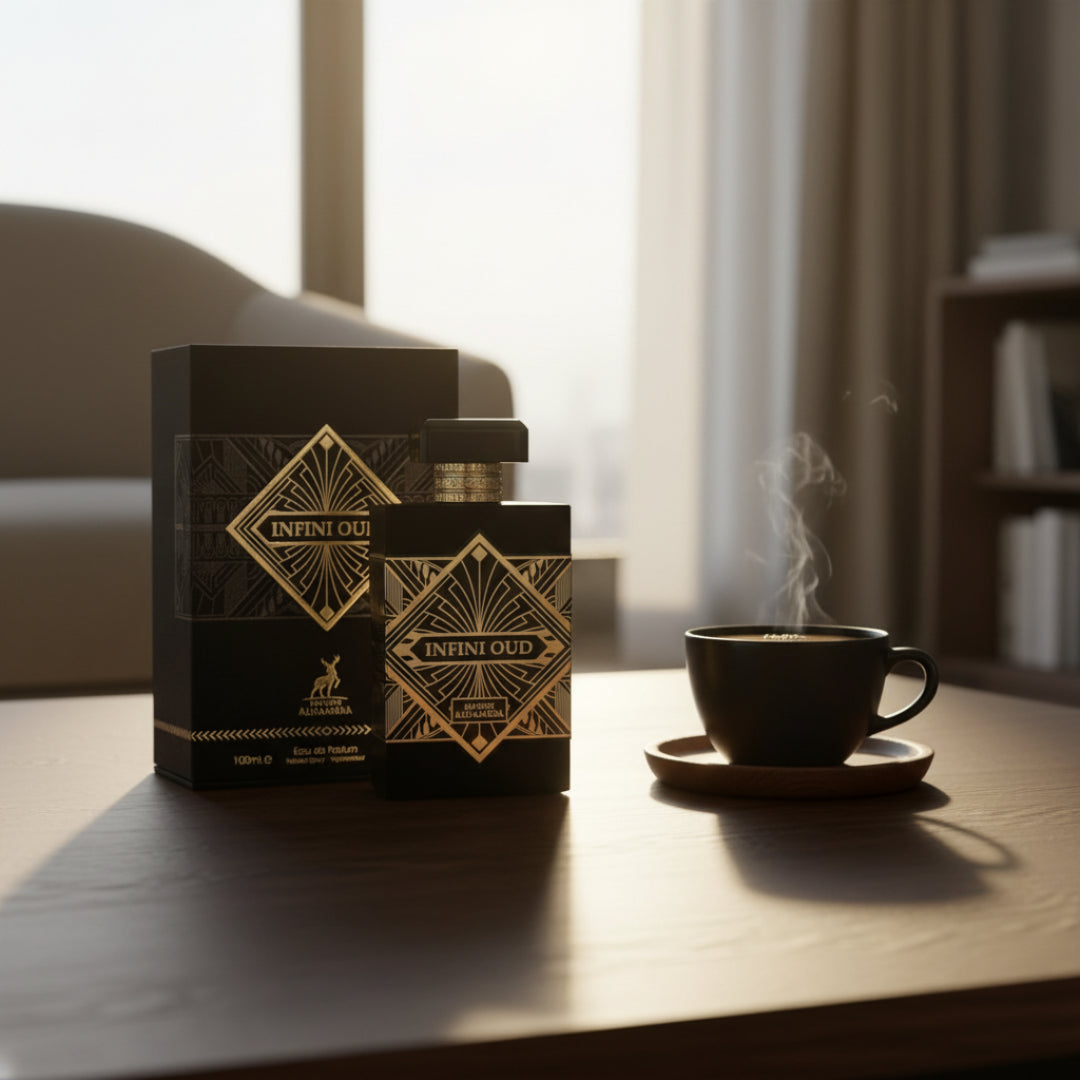 Infini Oud atas meja kopi pagi, suasana tenang maskulin