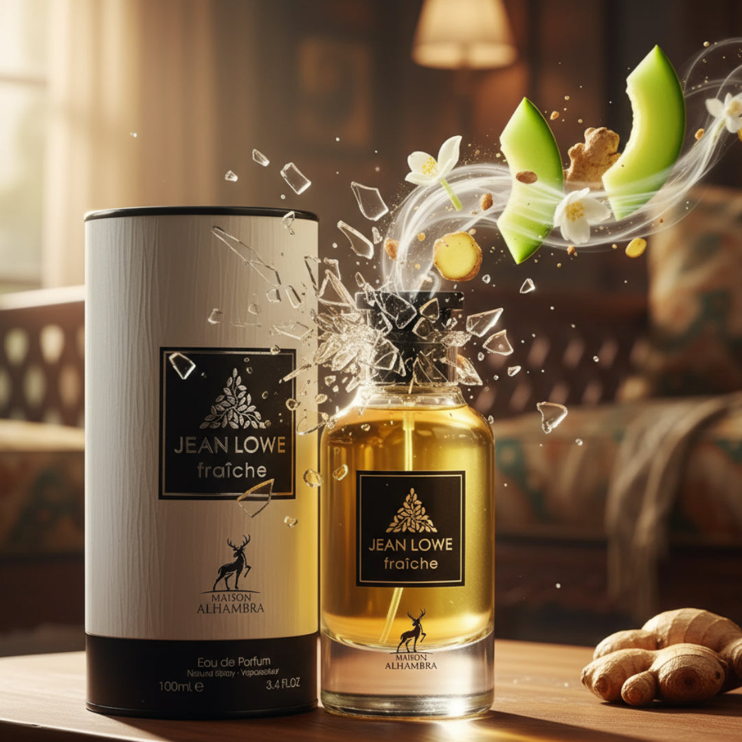 Jean Lowe Fraçèe perfume bottle and packaging on a white background